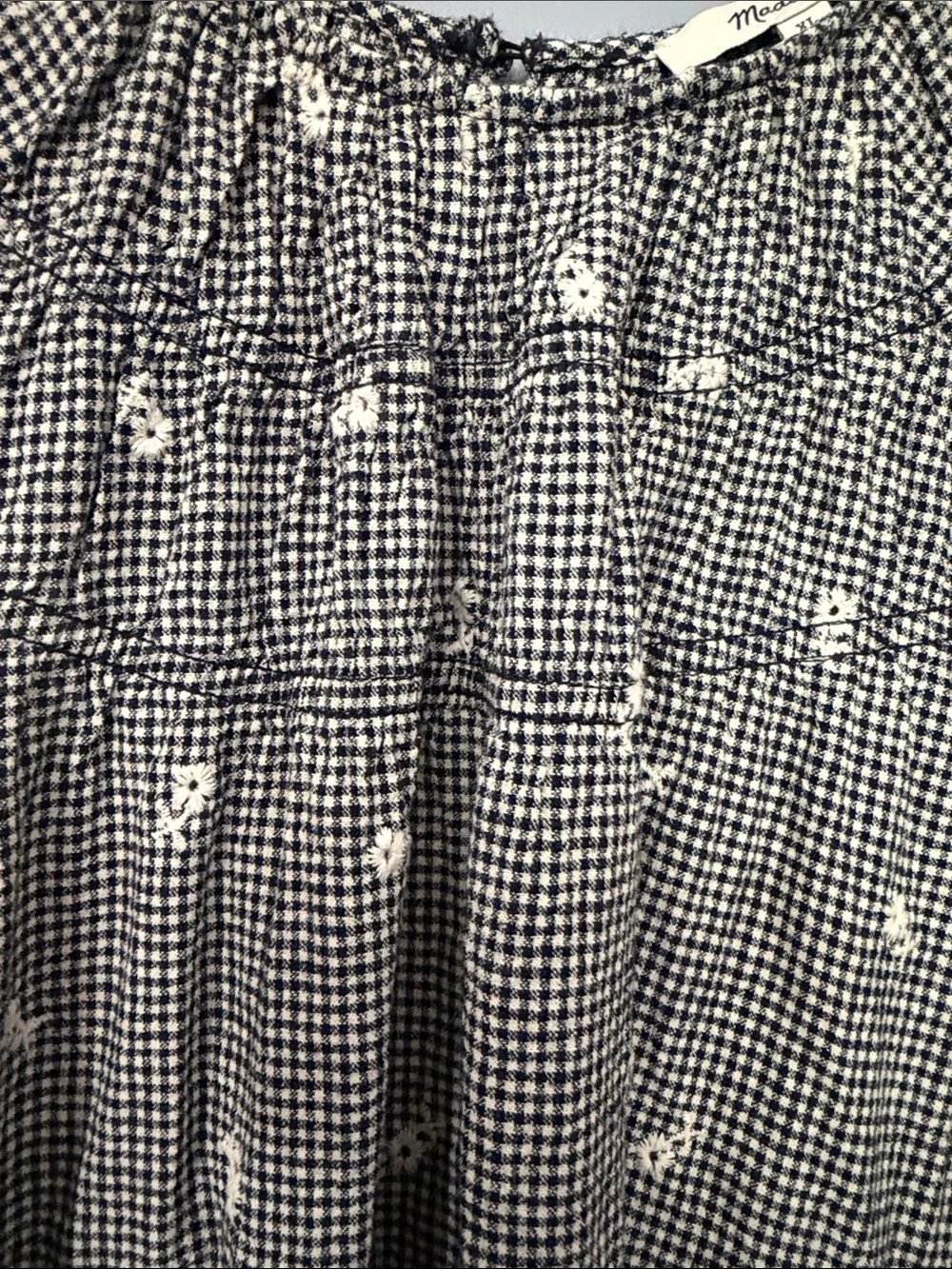 Madewell Black White Gingham Embroidered Daisy Smocked Puff Sleeve Top XL